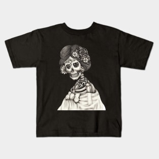 Female skeleton fancy fashion model day of the dead. Kids T-Shirt